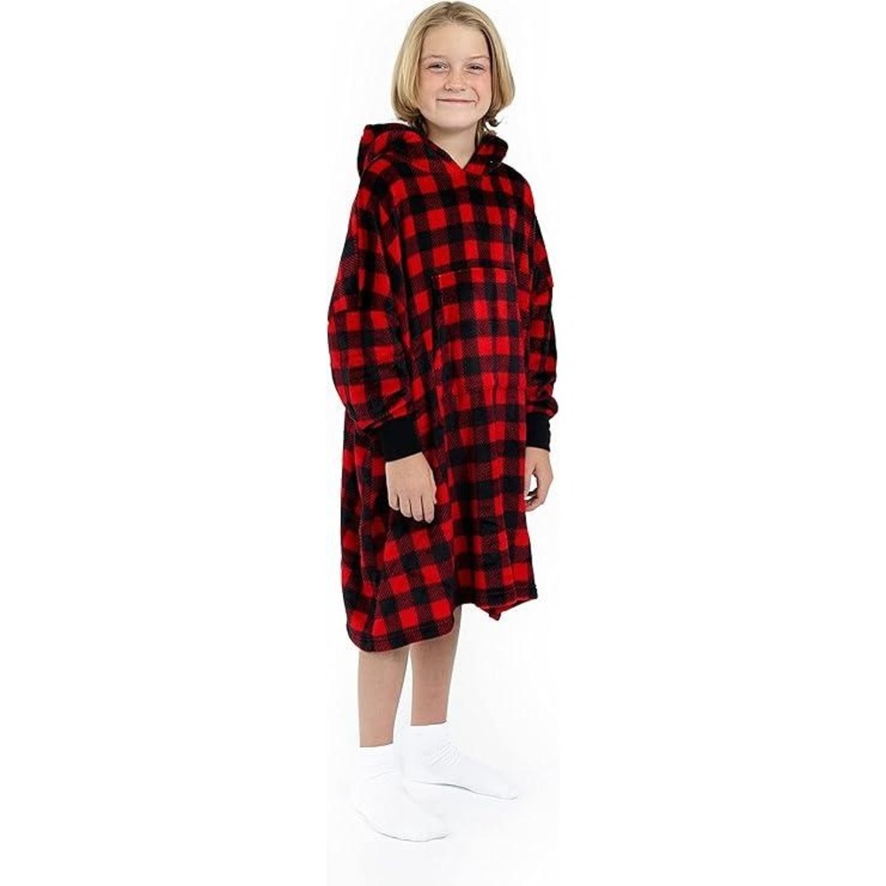 Sleep On It Wearable Blanket Hoodie Kids XS/S Red Buffalo Plaid Sherpa Fleece